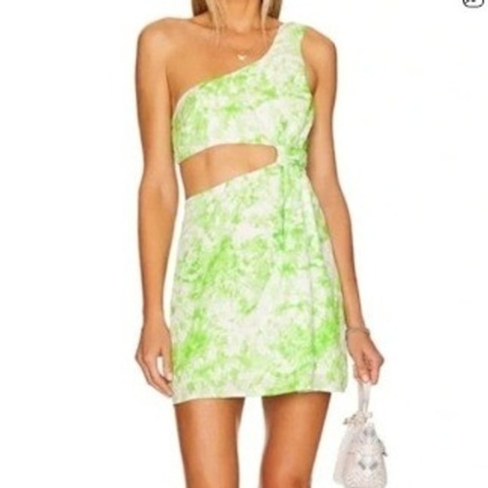 For Love Lemons Devon Mini Dress Green Tie Dye One Shoulder Cutout Size‎ S NEW
